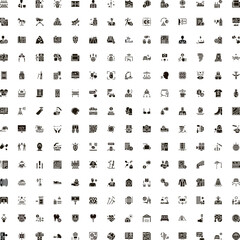 Obraz premium Large collection of diverse monochrome glyph icons presenting symbols for business, technology, finance, travel, and social concepts on a white background