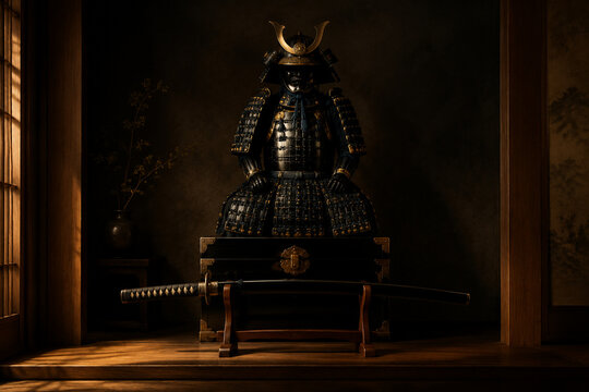 Bushido still life with samurai armor and katana in dark alcove