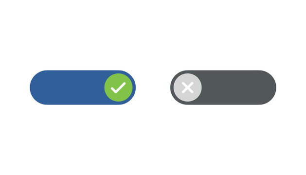 User interface toggle switches show active and inactive states with a green checkmark for yes and a white cross for no.
