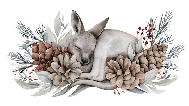 Whimsical Watercolor Painting of a Sleeping Baby Kangaroo Nestled in Soft Winter Foliage and Pinecones