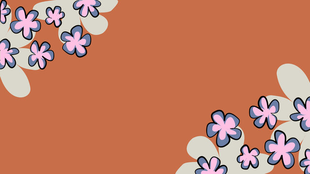 Retro Groovy Floral Border Background Vector: Cute Pink and Blue Flowers on Terracotta Orange Copy space Background 