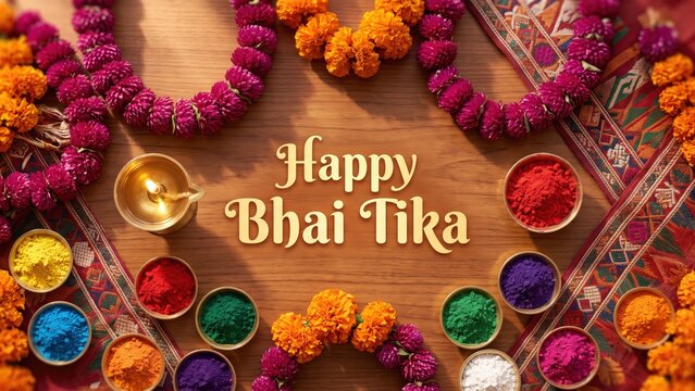 Happy Bhai Tika &ndash; Makhamali Garland and Saptarangi Tika Festive Flat Lay.