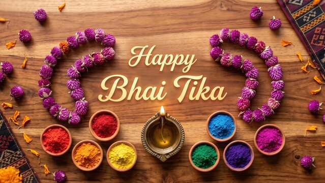 Happy Bhai Tika &ndash; Makhamali Garland and Saptarangi Tika Festive Flat Lay.