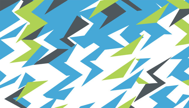 Abstract speed pattern with sharp geometric lightning shapes in blue, green, and gray represents high energy movement.