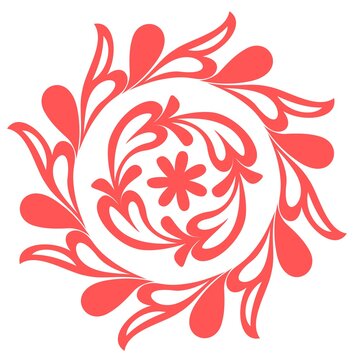 Round coral floral ornament. Vector botanical rosette in traditional folk style isolated on white background