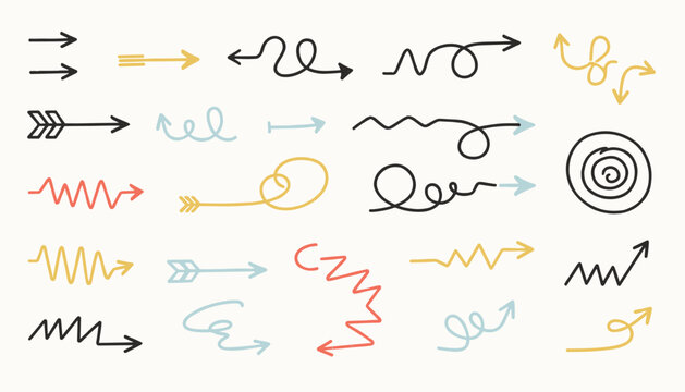 Collection of colorful hand drawn squiggly arrows circles and spiral lines in a playful doodle sketch style.