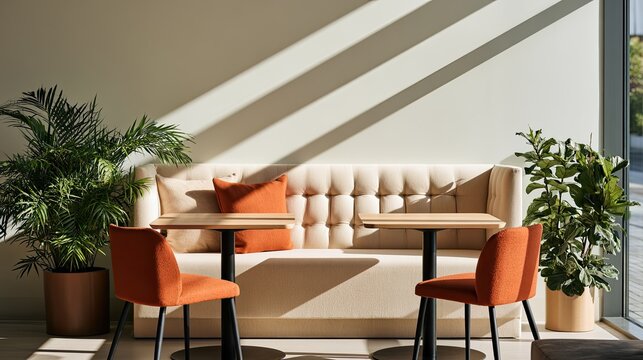 Modern Cafe Booth Seating with Orange Chairs and Lush Plants.