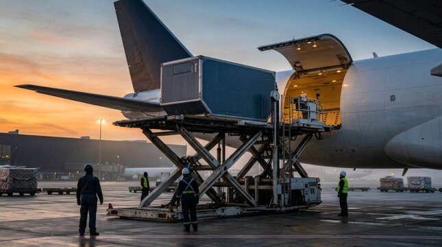 Cargo plane loading operations at airport tarmac during sunset with workers