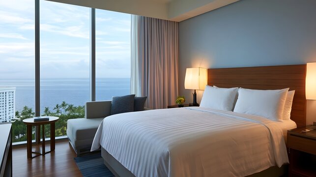 A modern hotel room with a large bed  ocean view  and contemporary furnishings for relaxation and scenic enjoyment