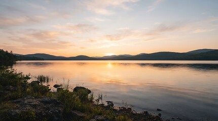 Obraz premium Golden sunset over a calm lake with soft clouds and distant hills