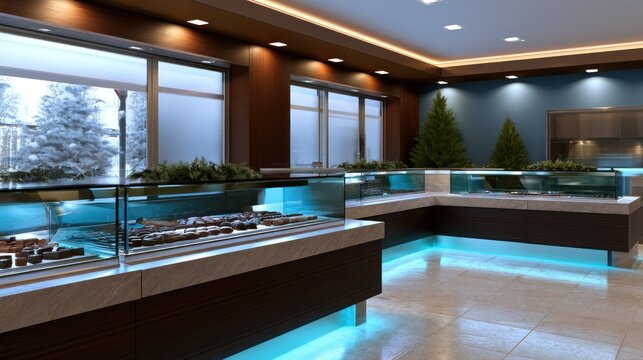 Modern pastry boutique with illuminated display cases, large windows, and holiday decor