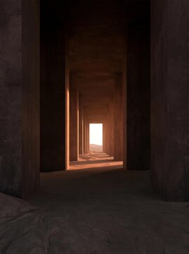 Long, narrow corridor with concrete walls on either side. the corridor appears to be empty, with no people or other objects in sight. the walls are made of concrete and have a rough texture.