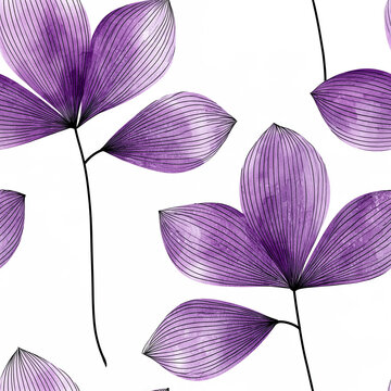 Seamless Abstract Botanical Pattern with Deep Purple Watercolor Leaves