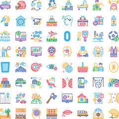 Fototapeta premium Set of assorted flat line style icons illustrating concepts from business, finance, technology, medicine, sports, and daily life on a white background