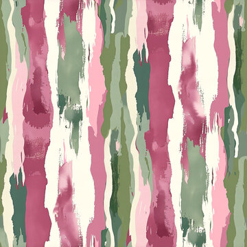 Seamless Abstract Ikat Pattern with Magenta and Dusty Green Watercolor Shapes