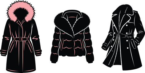 Winter coats and jackets icon set vector silhouettes representing heavy outerwear puffer jacket parka and trenchcoat © MST