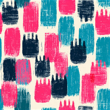 Seamless Grunge Paw Print Pattern in Hot Pink Teal Blue and Navy
