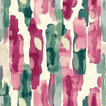 Seamless Abstract Ikat Pattern with Magenta and Dusty Green Watercolor Shapes