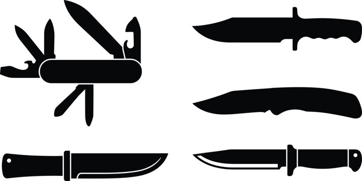 Pocket knife and tactical blades icon set vector silhouette illustration representing pocketknives camping gear and survival tools