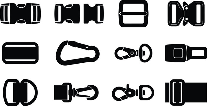 Black plastic and metal buckle icons set side release fasteners carbine hooks strap adjusters vector silhouette illustration