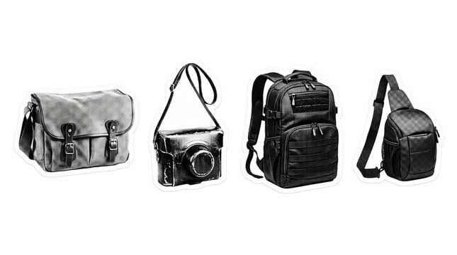 camera bag retro halftone set , clean white border outline PNG