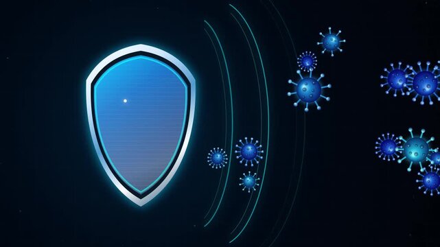 Digital illustration showing shield protecting against virus particles