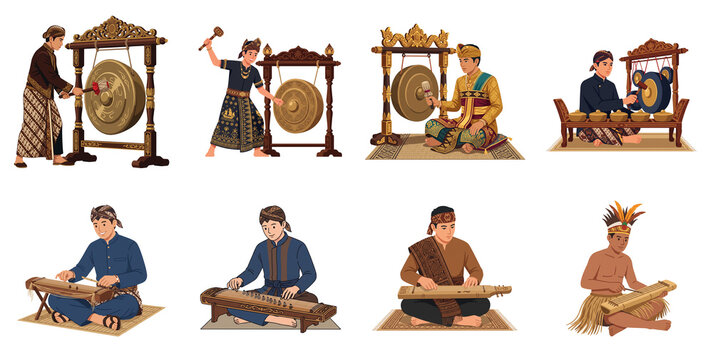 Indonesian Traditional Musicians Playing Gamelan Gongs and String Instruments in Cultural Attire