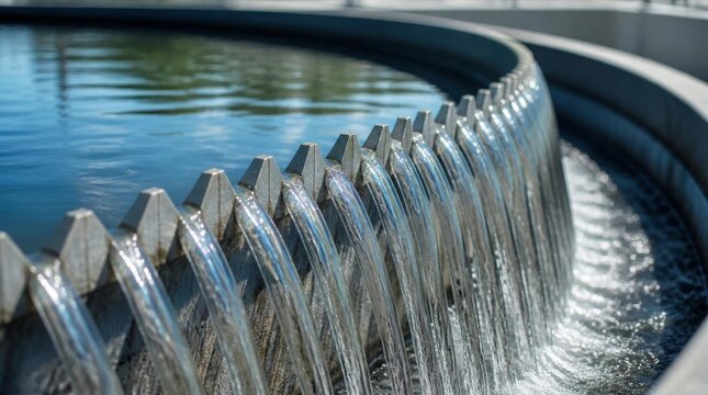 Modern circular industrial water treatment basin with flowing liquid streams
