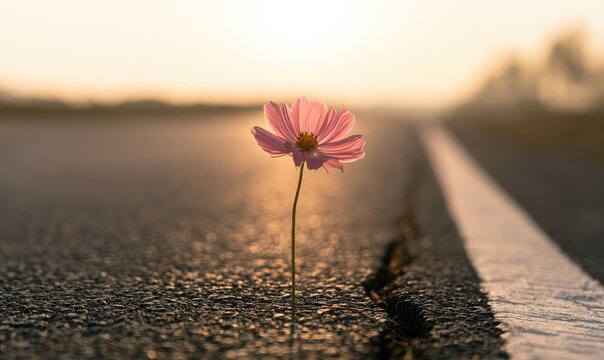 Lone Pink Flower Blooms Resiliently on Asphalt Road at Sunset.