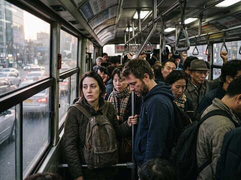 Crowded commuters standing closely together on public transport, busy urban transportation and rush hour lifestyle, people traveling on train or bus, city commute concept