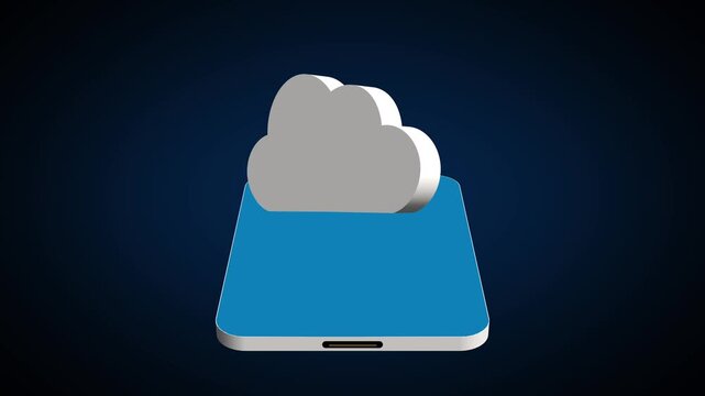 Cloud storage animation emerges from a blue smartphone screen. Remote server file backup connects to this cloud storage. Digital mobile data syncs across the cloud storage.