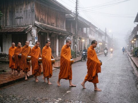 Buddhist monks in orange robes walking on foggy street during alms giving, traditional Asian culture and spirituality, peaceful morning ritual in old town, religious travel concept