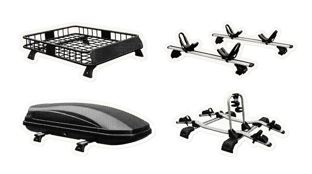 car roof rack retro halftone set , clean white border outline PNG
