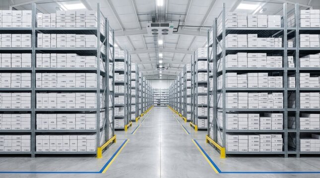 Modern logistics warehouse interior with rows of tall metal shelving units filled with white cardboard boxes under bright ceiling lighting