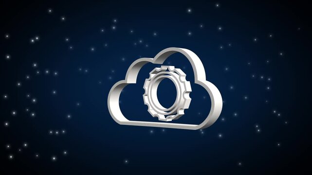 Cloud storage animation rotates a gear against starry space. Automated server maintenance runs in this cloud storage. Secure digital data backup uses the cloud storage.