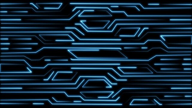 Neon circuit board animation displays glowing geometric traces. Motherboard data communication routes on the circuit board. High tech computer hardware drives the circuit board.