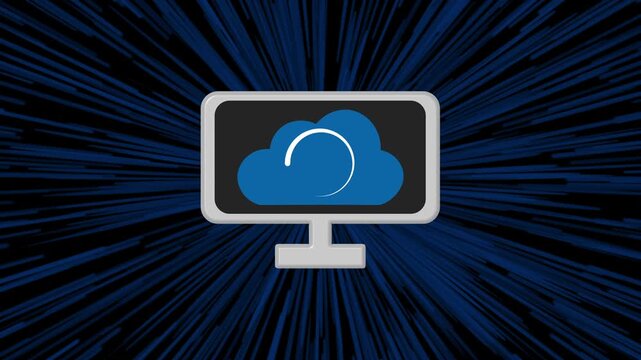 Computer monitor animation displays a cloud icon loading ring. Remote database file transfer buffers on the computer monitor. Digital server syncing updates on the computer monitor.