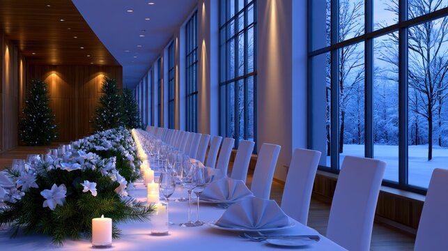 Elegant dining setup with candles, flowers, and window view to snowy landscape, exuding luxury