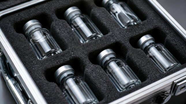 Protective metallic case filled with small glass vials in custom foam slots
