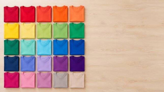 Rainbow color t shirts folded neatly in grid on light wooden surface