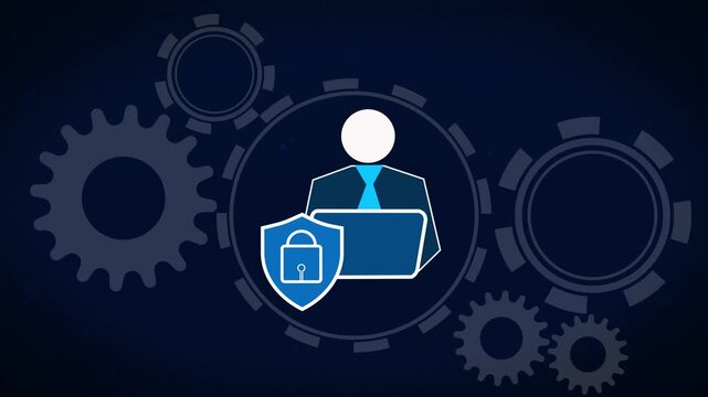 Security system animation connects user files inside gears. Encrypted data privacy protection guards the security system. Automated access authorization runs the security system.
