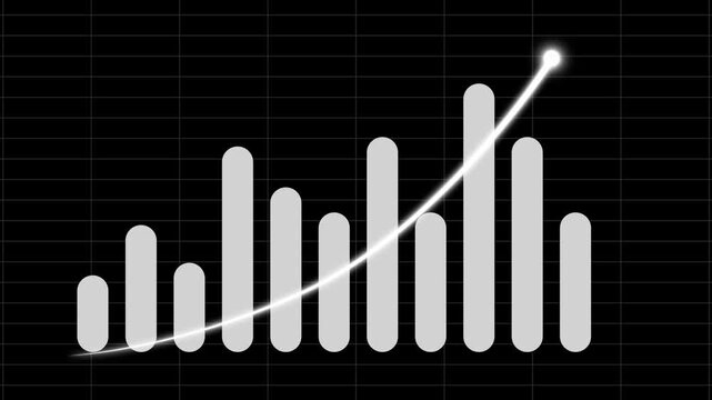 Bar chart animation rises steadily with a glowing line graph. Profitable business investment growth reflects on the bar chart. Economic market data updates along this dynamic bar chart.
