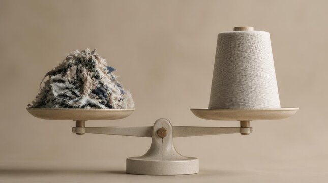 Sustainable textile recycling concept featuring frayed fabric scraps compared against new yarn spool on a balance scale