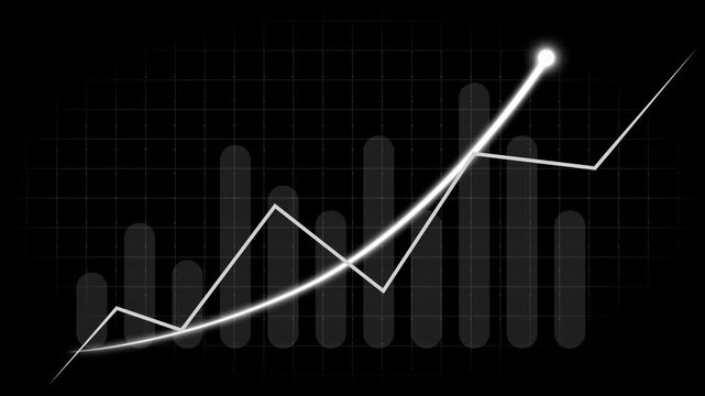Mixed line and bar graph animation shows fluctuating data trends. Corporate economic analytics track on the mixed line and bar graph. Financial market volatility guides the line and bar graph.