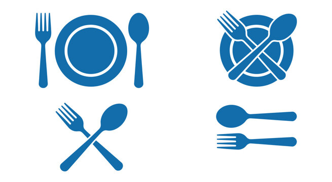 Cutlery icon set, blue fork plate and spoon symbols in various arrangements for dining, restaurant service, tableware, food, and kitchen design.  