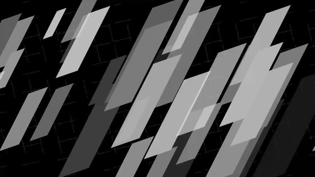 Abstract geometric shapes animation moves across a dark grid. Modern minimalist polygon art forms these geometric shapes. Dynamic cyber visual motion animates the geometric shapes.