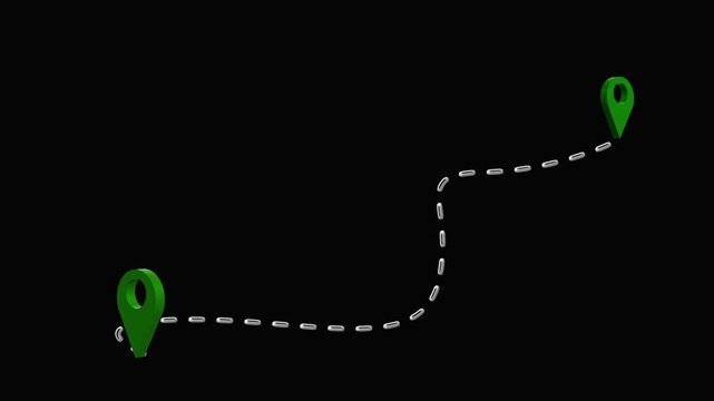 Map pins animation connects locations through a dashed line. Geographic GPS navigation telemetry routes across the map pins. Destination itinerary tracking guides these active map pins.