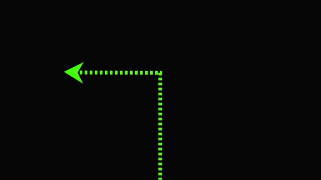 Dotted arrow animation points in a forward direction on dark. Clean navigation guidance telemetry routes the dotted arrow. Modern user interface graphics guide the green dotted arrow.