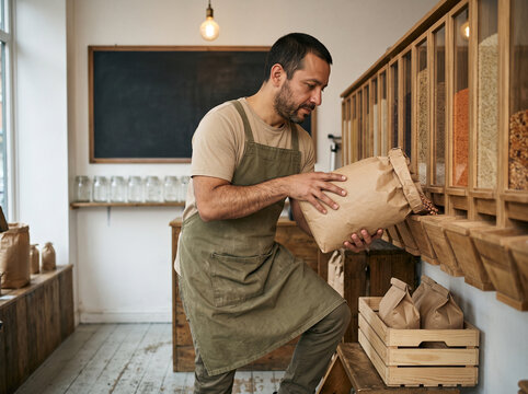 Latino shop owner in his 40s restocking bulk food dispensers