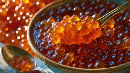 Obraz premium Extreme macro close-up of glossy red orange salmon caviar fish roe with vivid spherical detail